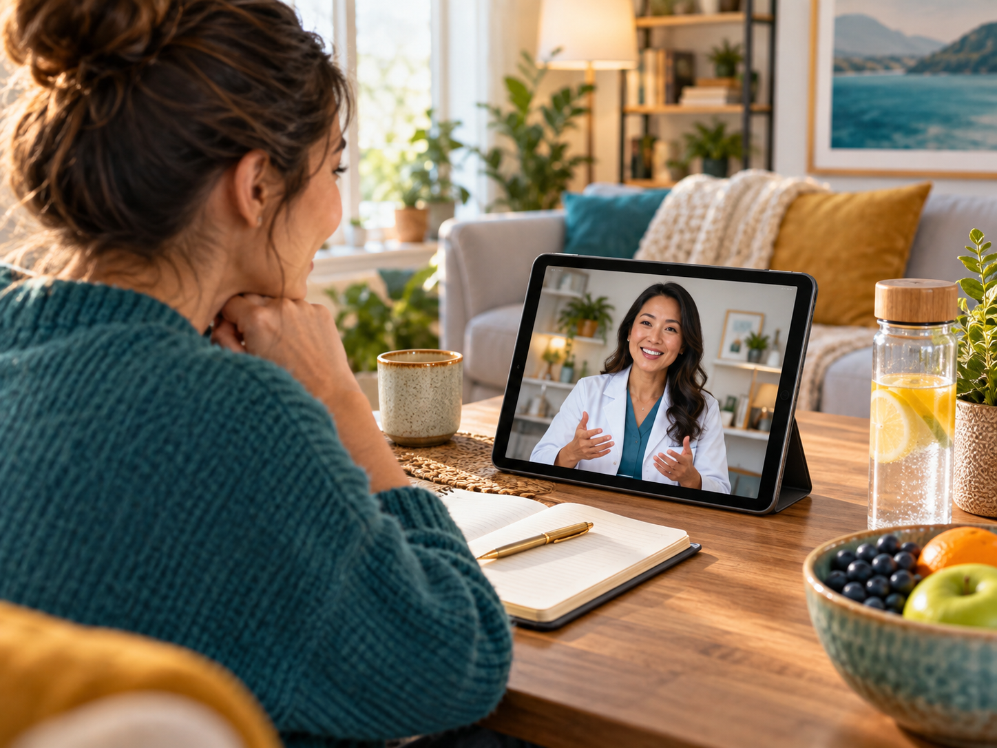 A pharmacist providing a friendly virtual wellness consultation to someone at home